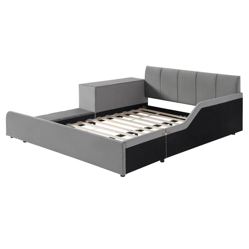 Queen Size Upholstered Grounded Bed, Mother & Child Bed with Bedside Desk and Little Round Stool, Velvet