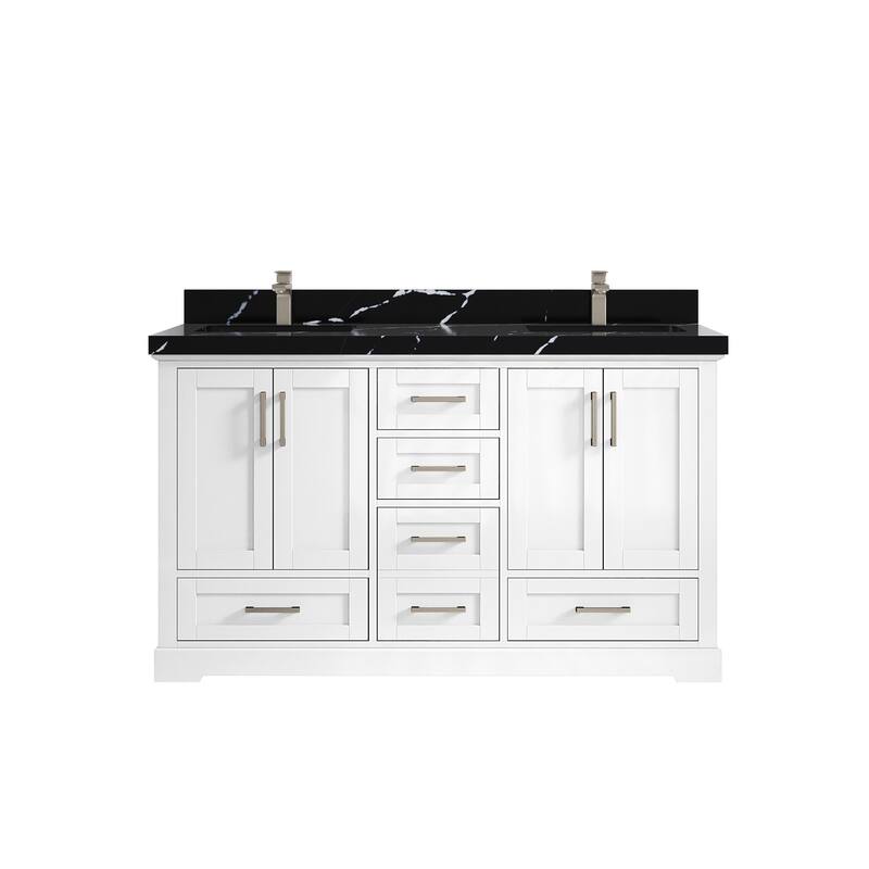 Willow Collection 60 in W x 22 in D x 36 in H Boston Double Bowl Sink Bathroom Vanity with Countertop - 2"Calacatta Black - White