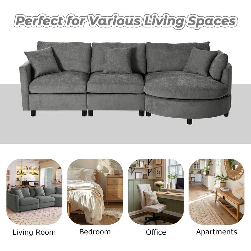Chenille 3 Piece Sectional Sofa with Curved Chaise and 3 Throw Pillows