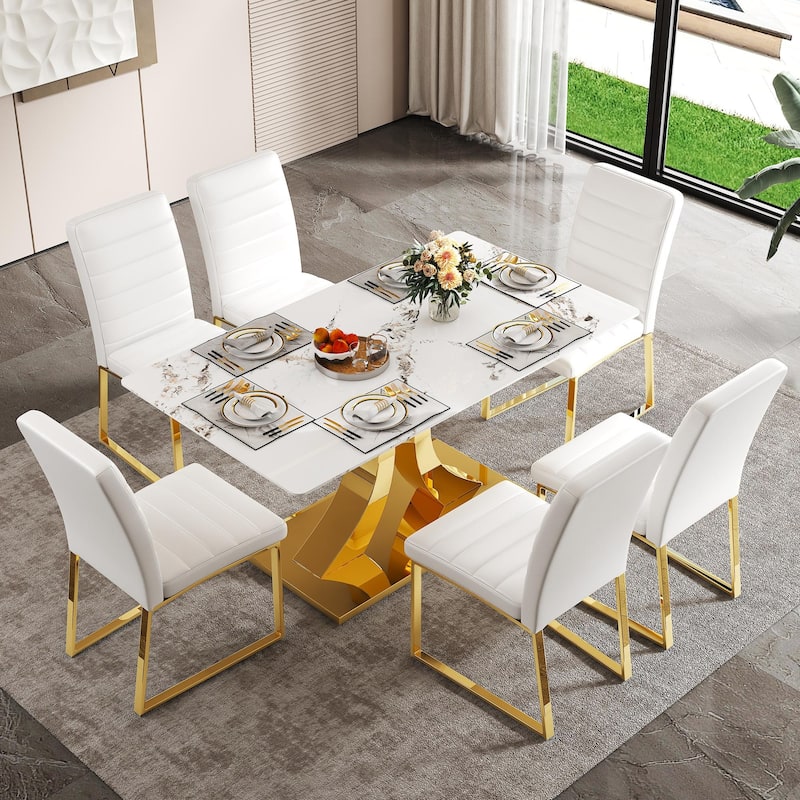 5-Piece Modern Tempered Glass Dining Table Set, 63-Inch Dining Table with 4 Minimalist Style Chairs