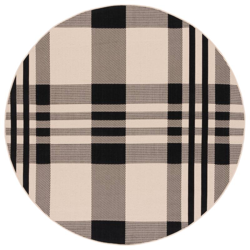 SAFAVIEH Courtyard Oriole Plaid Indoor/ Outdoor Waterproof Patio Backyard. - 5'3" Round - Black/Bone