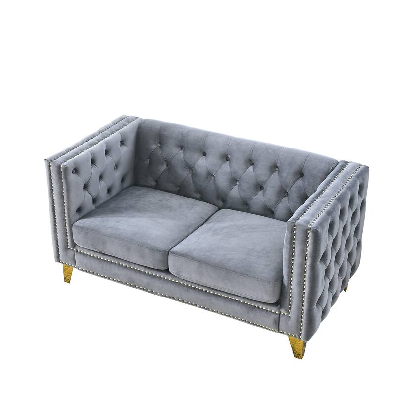 Modern 2-Seat Velvet Sofa with Nailhead Trim, Button Tufting, and Metal Legs