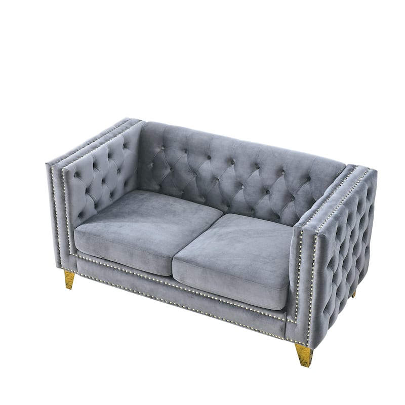 Roomfitters 80.5" Chesterfield Sofa, 3-Seater Velvet Tufted Couch with Square Arms, Nailhead Trim and Gold Metal Legs