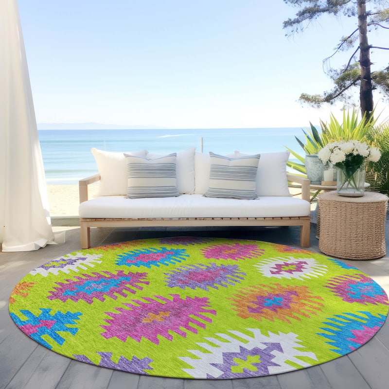 Machine Washable Indoor/ Outdoor Boho Tribal Chantille Rug - Lime - 8' x 8'
