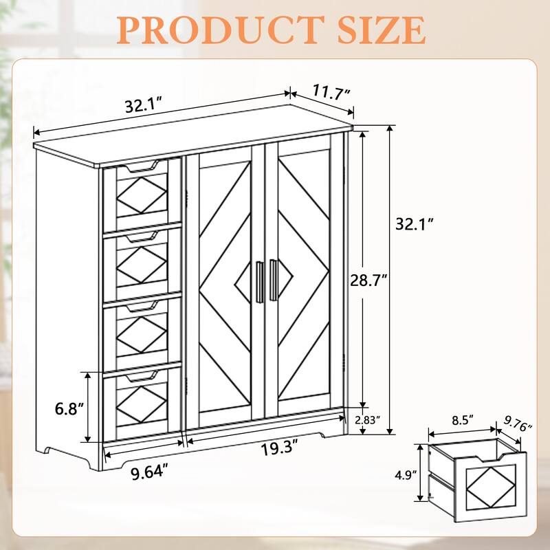 VECELO Wooden Bathroom Floor Cabinet, Side Storage Organizer Cabinet with 4 Drawers, Freestanding Entryway Storage Unit