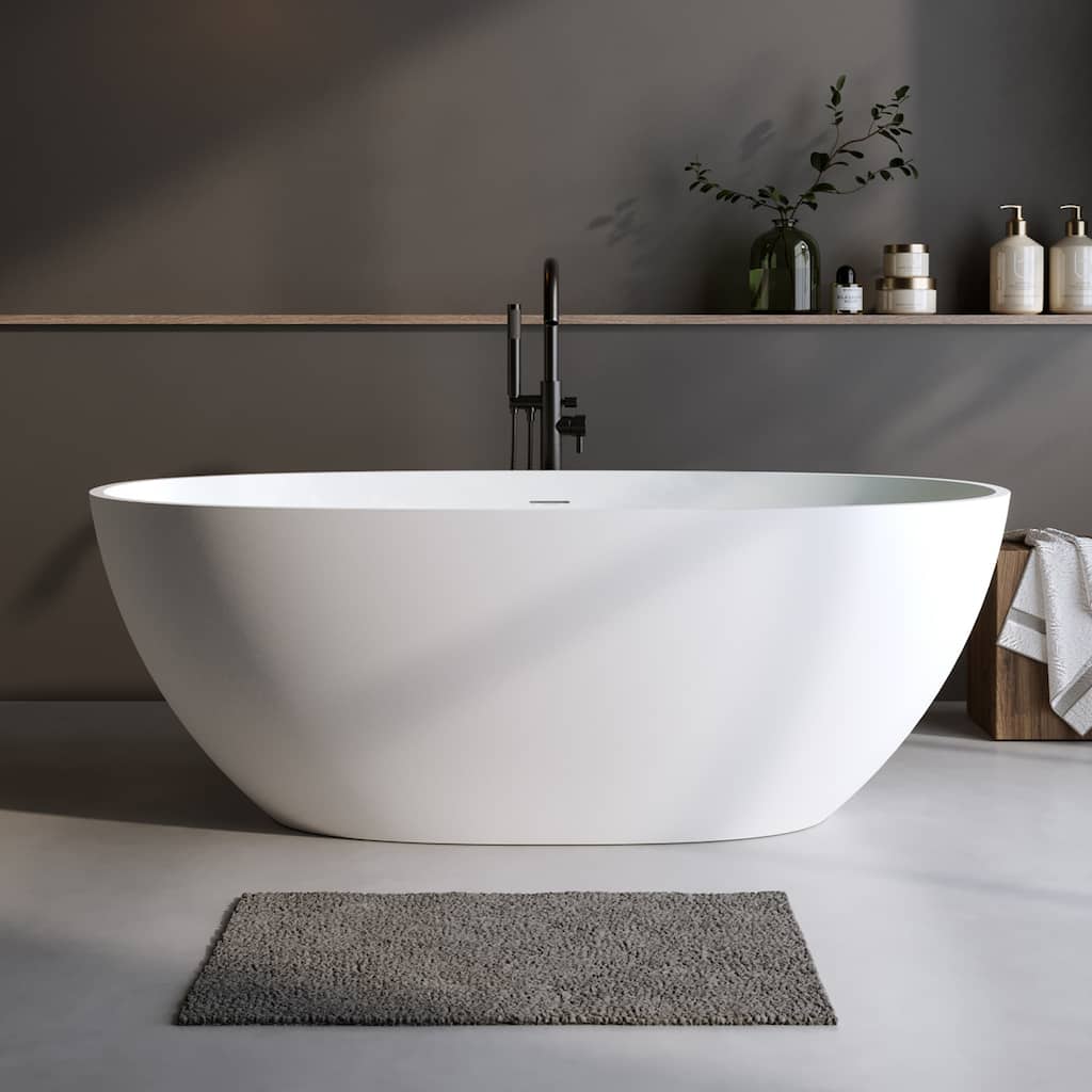 Premium Solid Surface Freestanding Soaking Bathtub with Center Drain and Pop-up Drain, Modern Matte White Tub with Overflow
