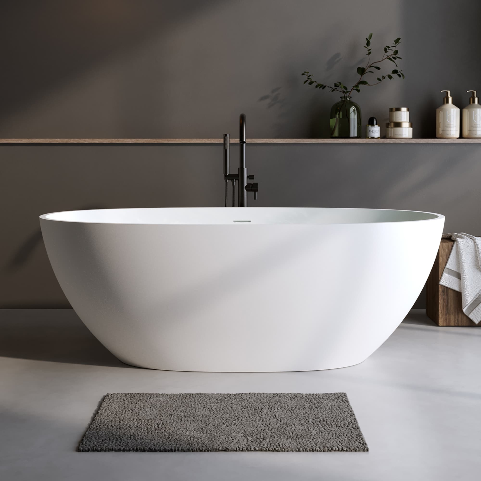 Premium Solid Surface Freestanding Soaking Bathtub with Center Drain and Pop-up Drain, Modern Matte White Tubs with Overflow