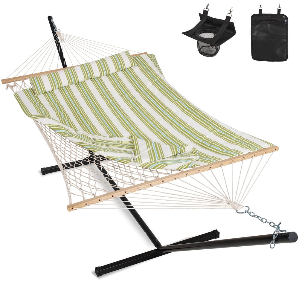 Rope Hammock with Detachable Pillow and Pad, 12FT Steel Stand Included
