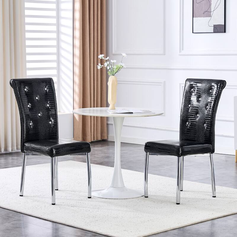 Set of 2 Retro alligator skin Upholstered dining chairs,with Crystal buckle design and Faux Leather design, metal legs - Black