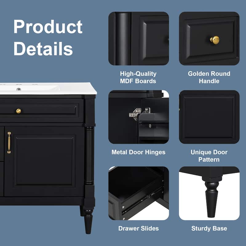 Modern 36-Inch Bathroom Vanity with Sink, Rubberwood and MDF Cabinet, Flip Drawer, Adjustable Shelf, and Storage Drawers