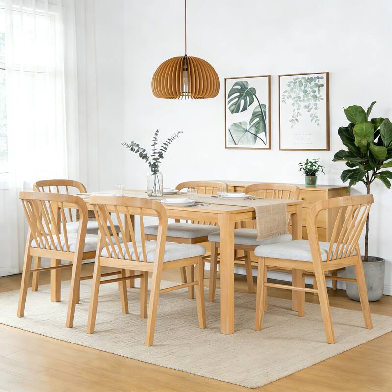 Christopher Knight Home - Modern 7-Piece Wooden Dining Table Set with Fabric Upholstered Windsor Dining Chairs - 7-Piece - Beige+Natural