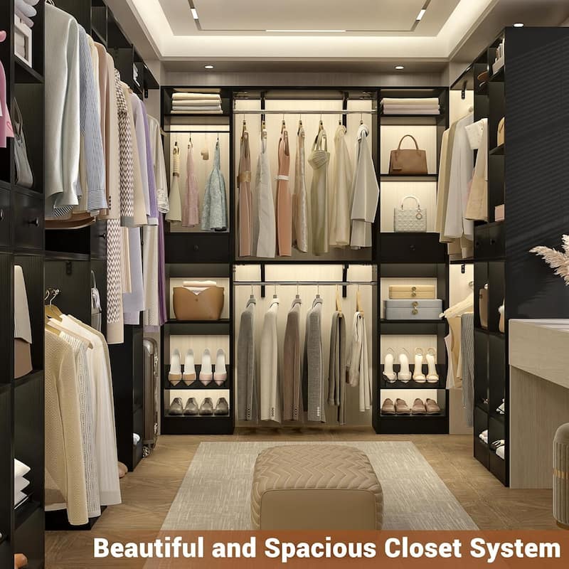 58" W - 90" W Closet System with 3 Hanging Rods and Shelves,Walk in Closet Organizer with 2 Drawers & Shoe Rack,Closet Wardrobe