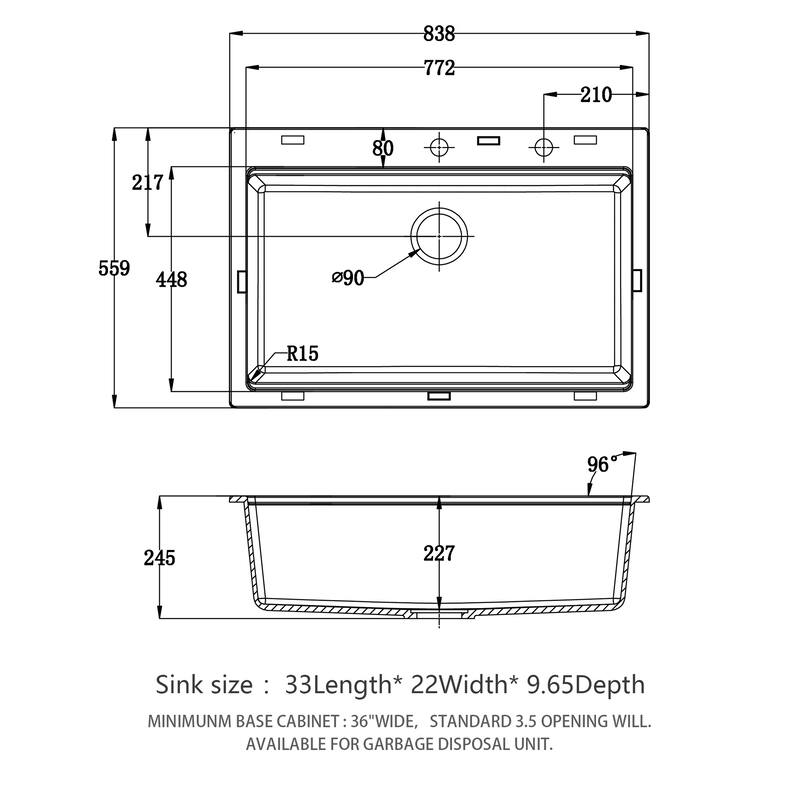 Quartz Kitchen Sink - 33" x 22" x 9.65" White granite composite Workstation Drop-in kitchen sink