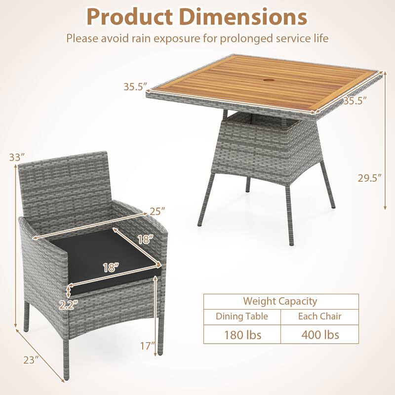 5 Pieces PE Wicker Patio Dining Set Outdoor Acacia Wood Table and Chairs-Black - Multi