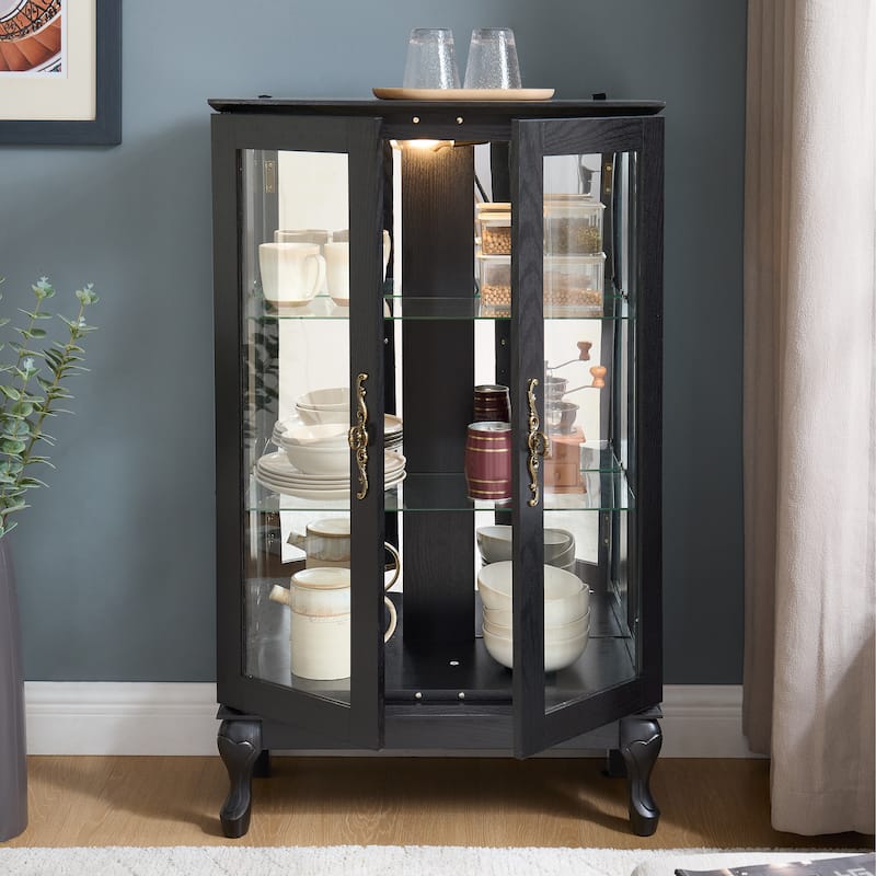 GDF Studio - American Retro Curio Cabinet with Lighted Display & Mirrored Back - Black