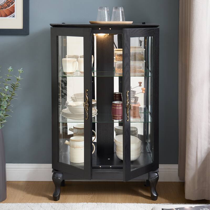 Lighted Display Cabinet with 2 Tempered Glass Doors and Adjustable Shelves