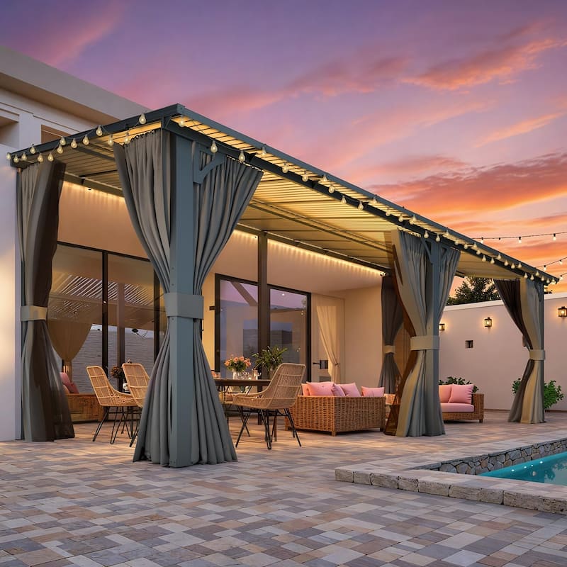 AECOJOY Gazebo for Patio, Small Wall-Mounted Lean to Pergola 8x8 Gazebo with Curtains and Netting, Hard Top Gazebo on Clearance