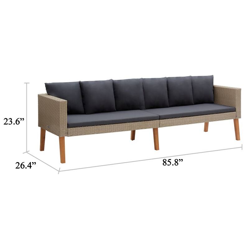 Outdoor 3 Seater Patio Sofa, 86 Inch Beige Poly Rattan, Gray Cushions