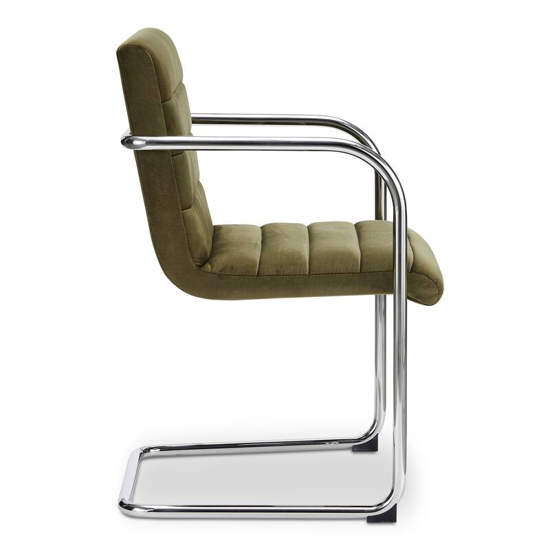 Title: NADAAL STUDIOS Cyran Dining Chair, Faux Green Upholstery, Stainless Steel Cantilever Frame - Set of 2