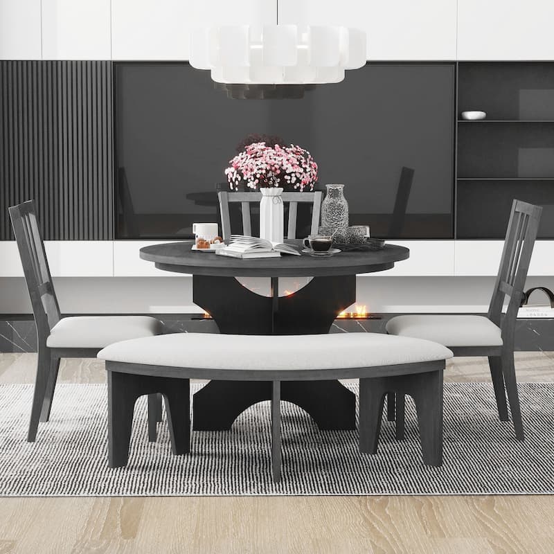 Rustic 5-piece Round Dining Set with Upholstered Chairs and Curved Bench for Cozy Family Gatherings