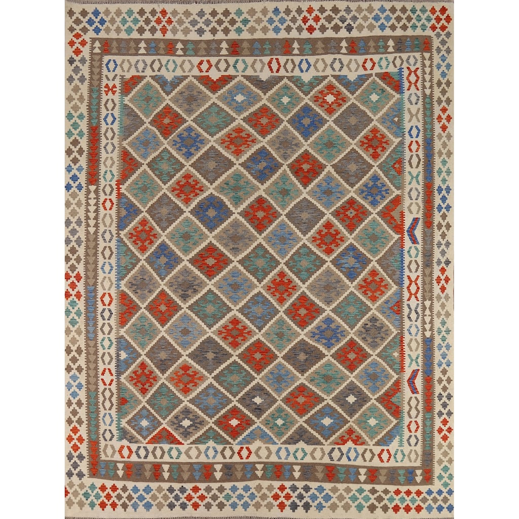 Trellis Kilim Area Rug Flatweave Oriental Wool Carpet - 8'5" x 10'1"