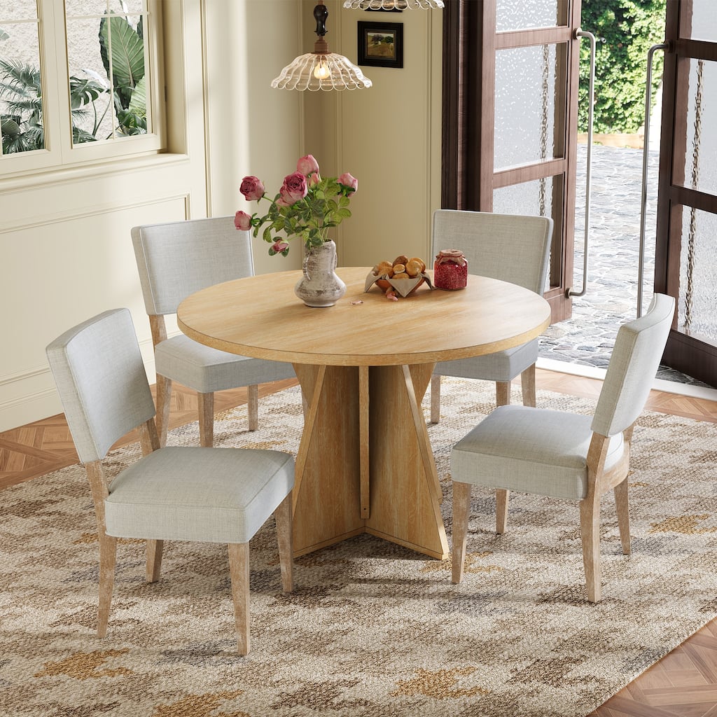 5-Piece Round Wood Dining Table Set with Kitchen Table and Upholstered Chair, Origami-Inspired Triangular Table Base