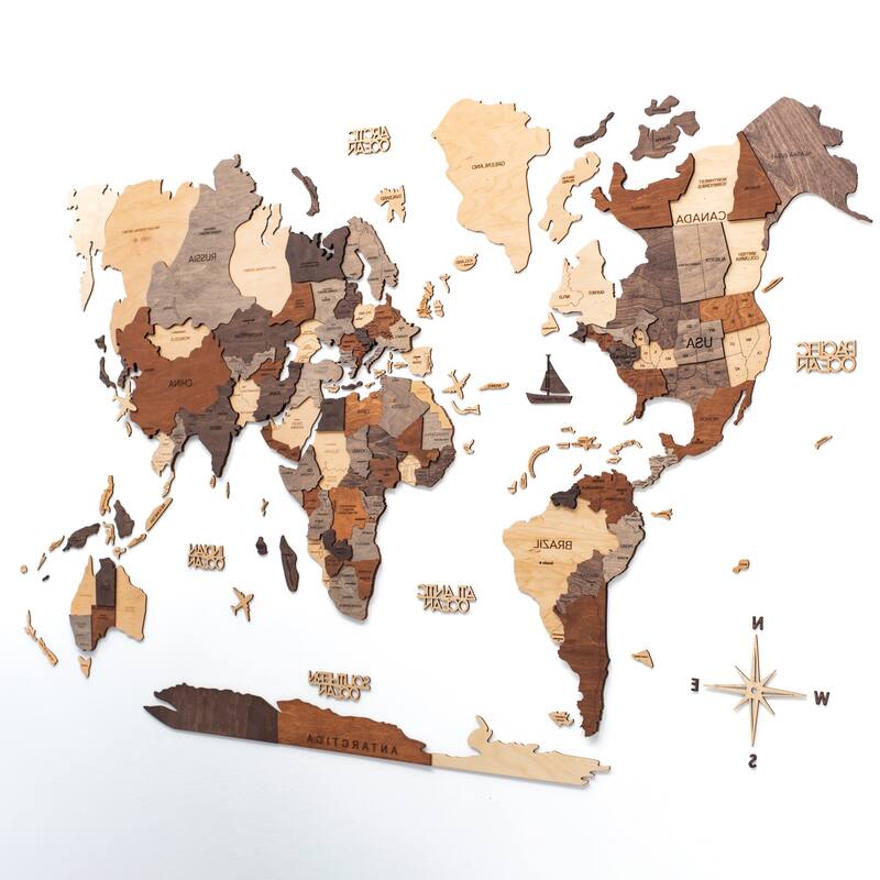 HomeRoots 24" X 39" Brown and Beige Wood World Map Hanging Dimensional Sculpture