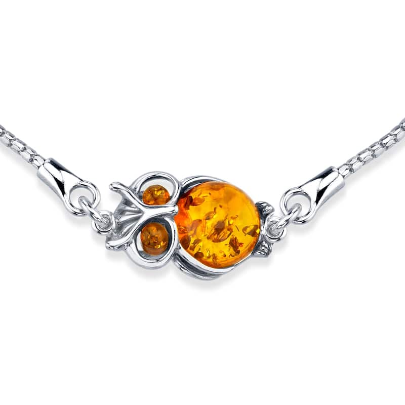 Sterling Silver Baltic Amber Owl Charm Adjustable Bracelet