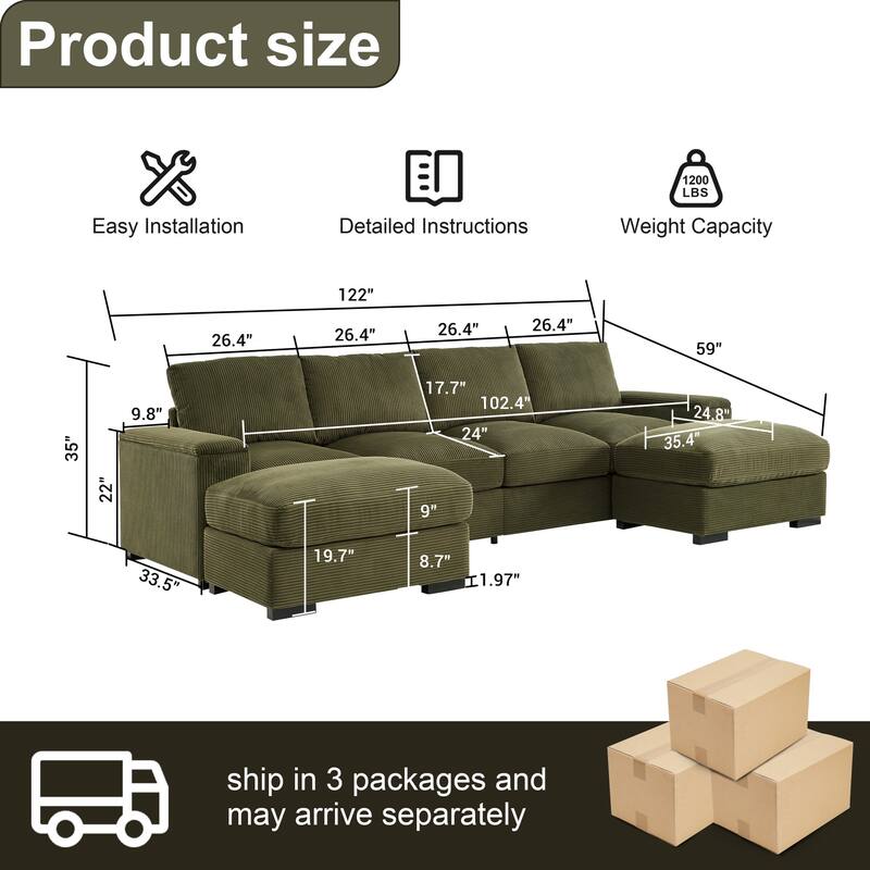 U-shaped corduroy sofa with removable footstool and storage armrests