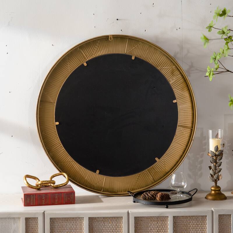 31.3" Gold Textured Round Wall Mirror - Iron Frame & MDF Back Decorative Mirror, Boho Accent Mirror - Natural Wood