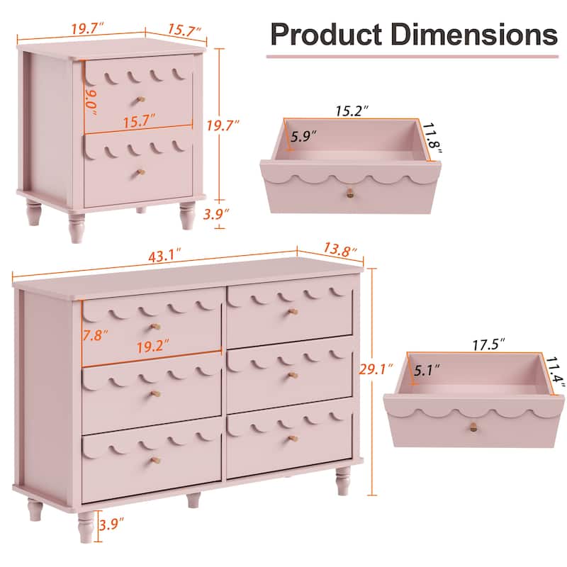 Lace Trim 6-Drawer Dresser with Nightstand Kids' Bedroom Dream Storage