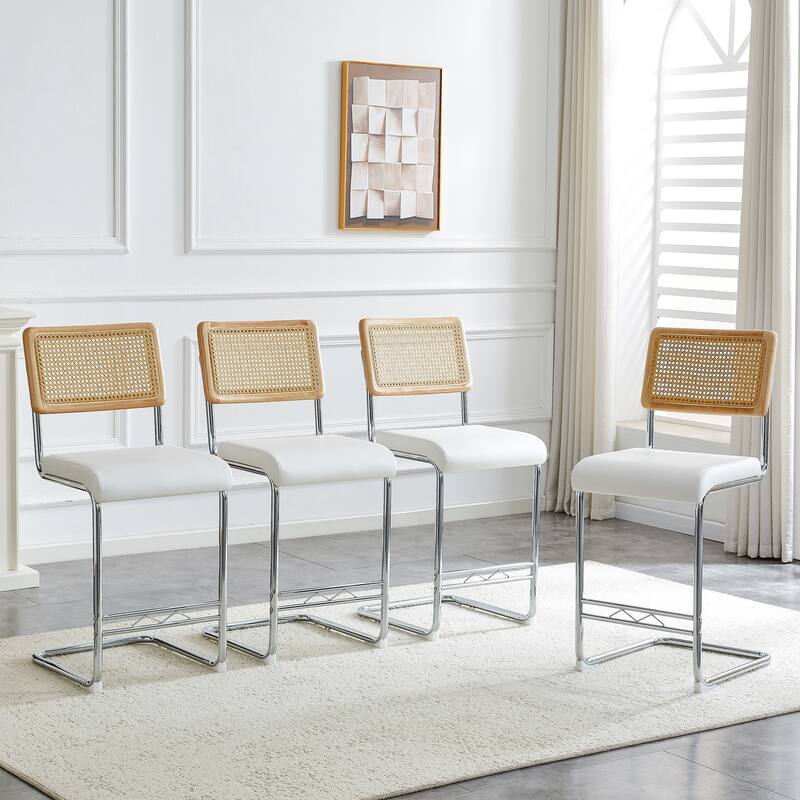 Natural Rattan & Solid Wood Bar Stool Set of 4 - 25" Medieval Modern Style with PU Seat & Chrome Legs