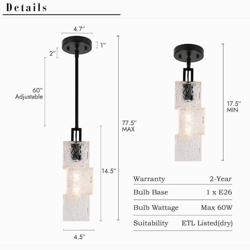 Modern Farmhouse 1-Light Kitchen Island Pendant Light Water Textured Rectangle Shade for Dining Room