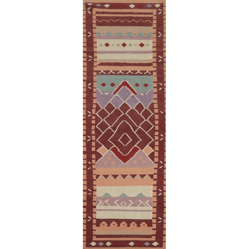Hand Woven Oriental 100% Wool Carpet Southwestern Tribal Multi-Colored Kilim Runner Rug - 12' 10'' X 3' 2''