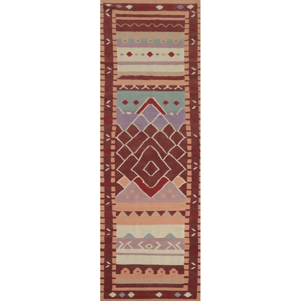 Hand Woven Oriental 100% Wool Carpet Southwestern Tribal Multi-Colored Kilim Runner Rug - 12' 10'' X 3' 2''