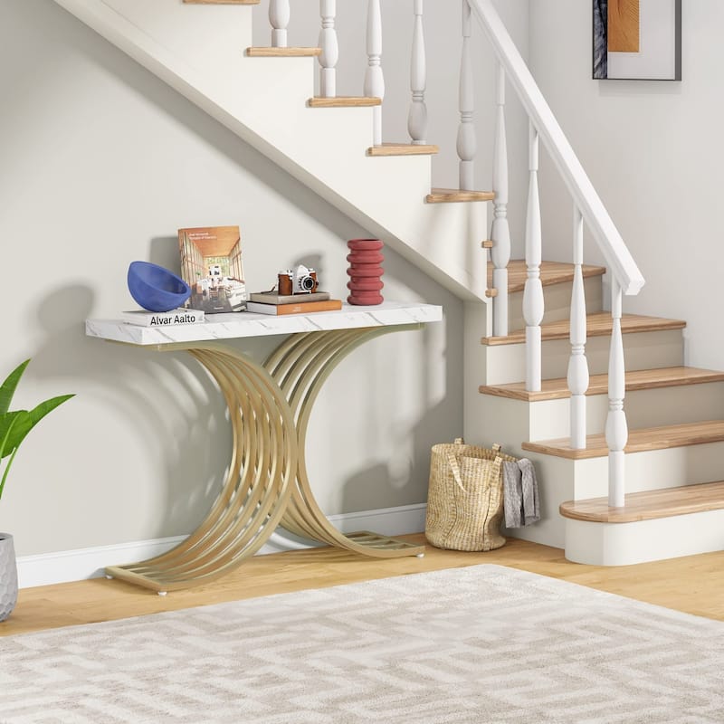 43" Modern Console Table with Gold Base, Geometric Entryway Sofa Table for Living Room Faux Marble, Gold