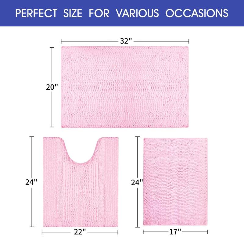 Ultra Soft Striped Non Slip Chenille Bathroom Rug Set 3 Pieces