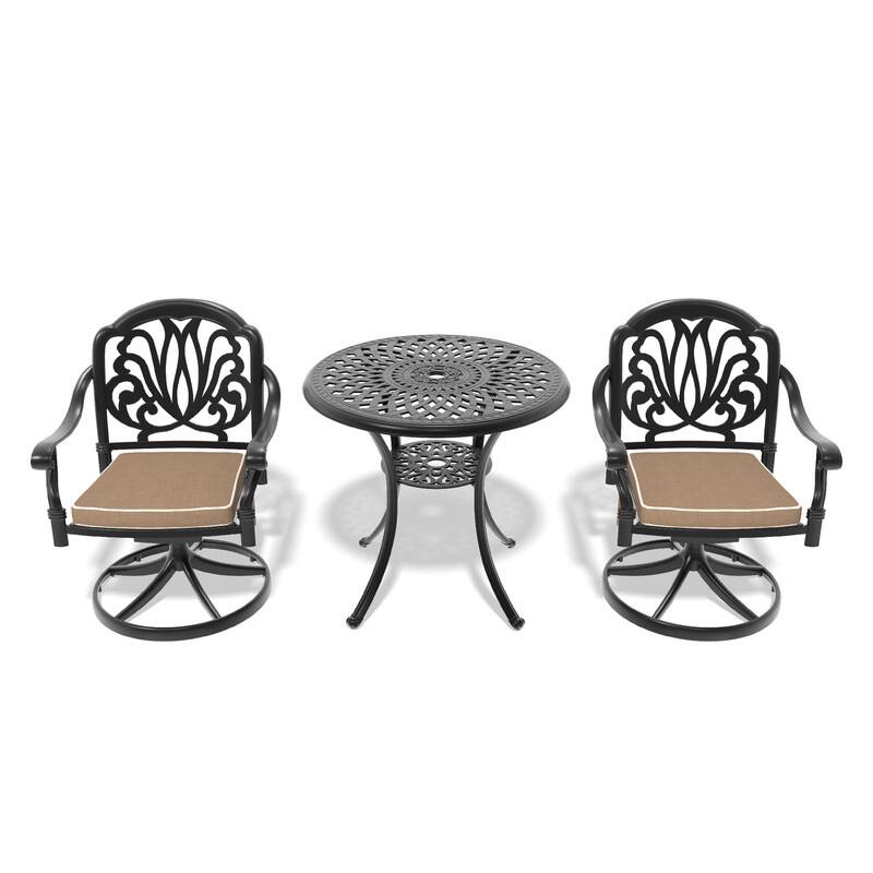 3-Piece Aluminum Round Outdoor Patio Dining Set, 2 Cushioned Swivel Chairs, Table, All-Weather Frames