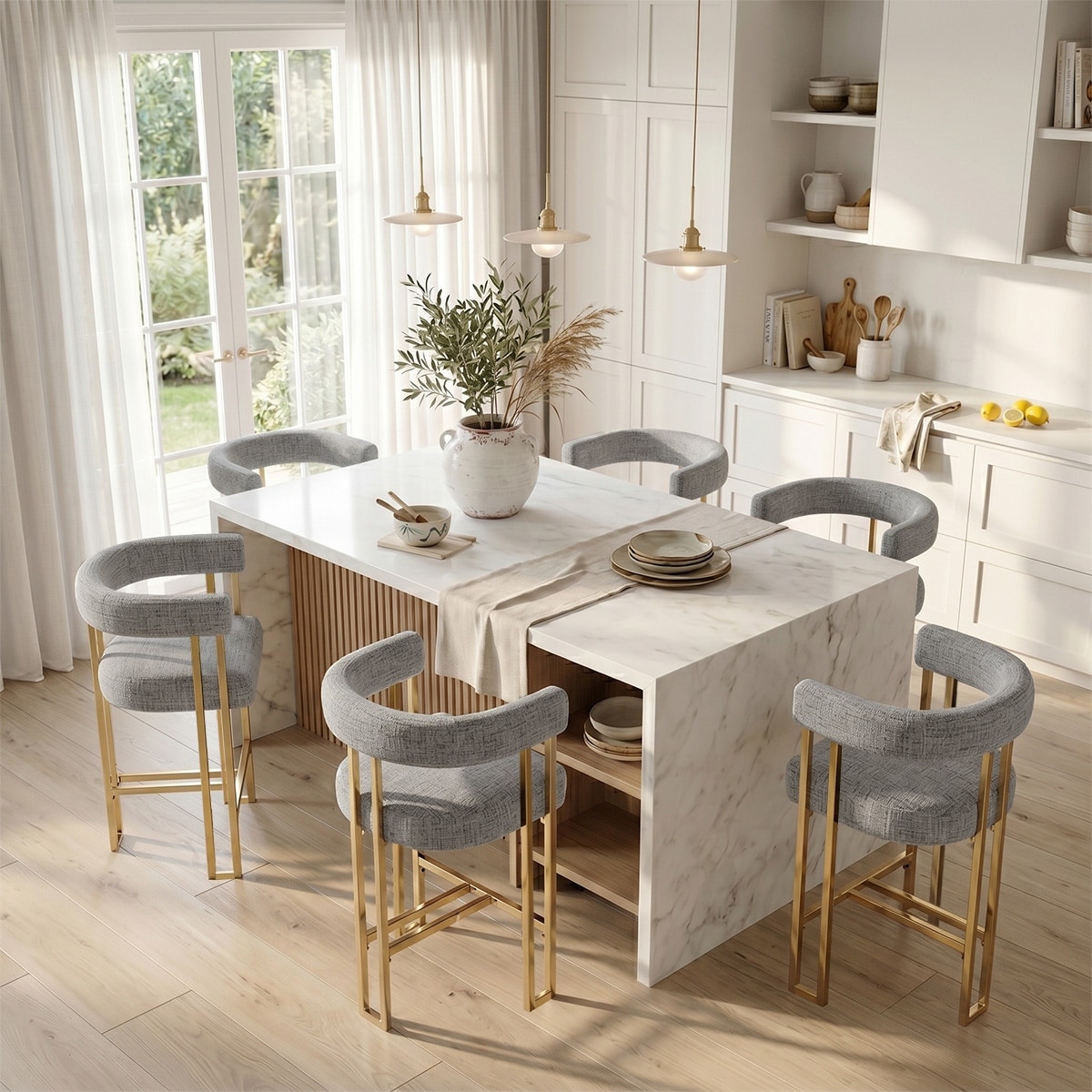 25" Chenille Upholstered Counter Stools with Gold Metal Legs (Set of 6)