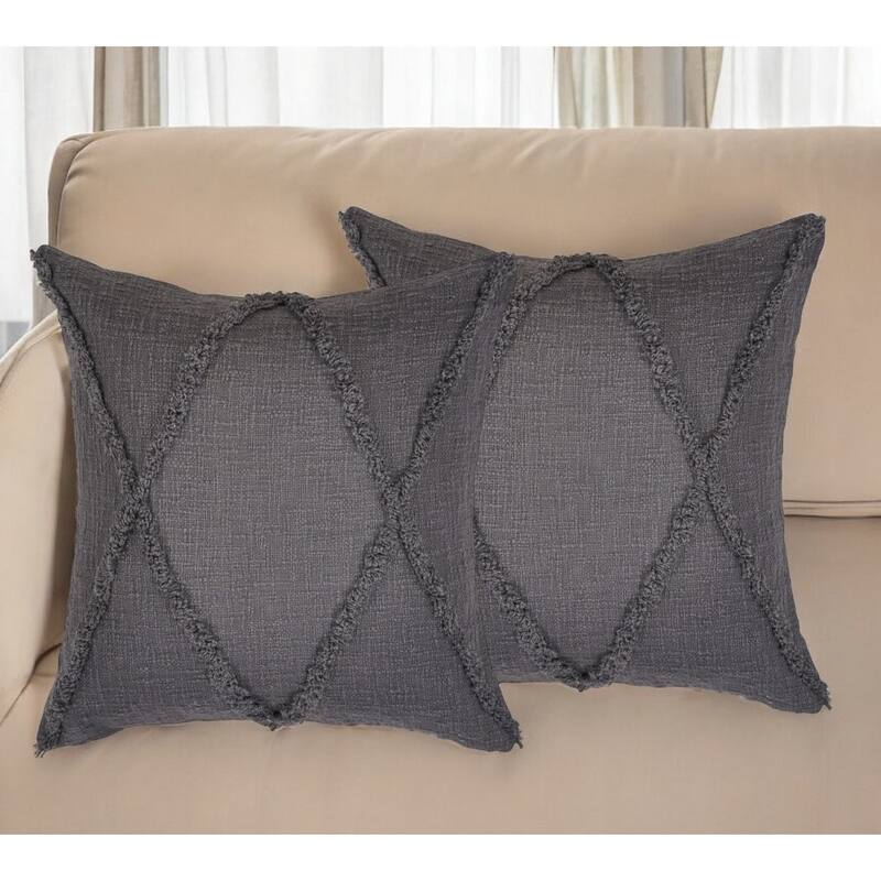 Set of Two Dark Gray Diamond Cotton Throw Pillow With Fringe - Dark Gray