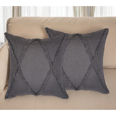 Set of Two Dark Gray Diamond Cotton Throw Pillow With Fringe