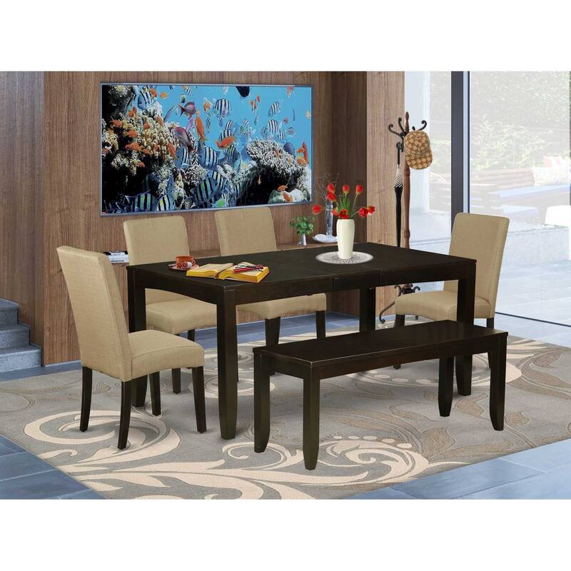 Contemporary 6Pc Dining Set - 48/60" Table, 4 Parsons Chairs & Bench - Linen Fabric, Cappuccino Finish