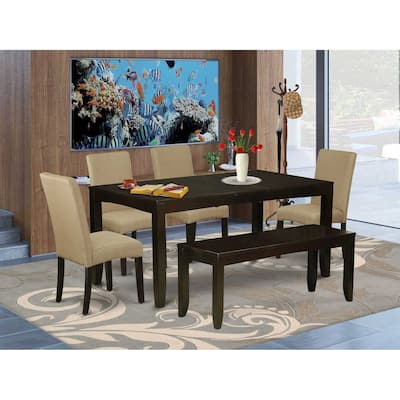 Contemporary 6Pc Dining Set - 48/60" Table, 4 Parsons Chairs & Bench - Linen Fabric, Cappuccino Finish