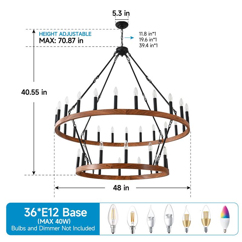 47.24 Inch Large Wagon Wheel Chandelier,2Tier 36-Lights Farmhouse Industrial Country Style Fixture E12