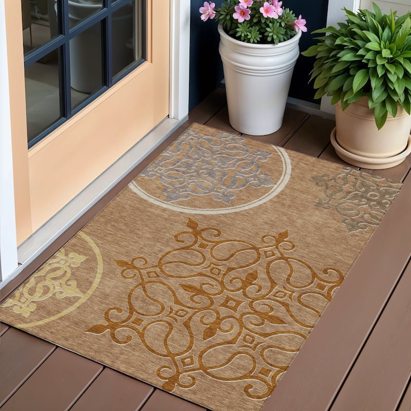 HomeRoots Floral Medallion Transitional Rectangle Outdoor Rug - 3' x 5'
