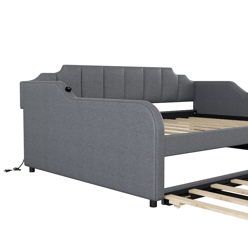 Full Size Upholstered Daybed with Pull-Out Trundle and USB Charging, Gray