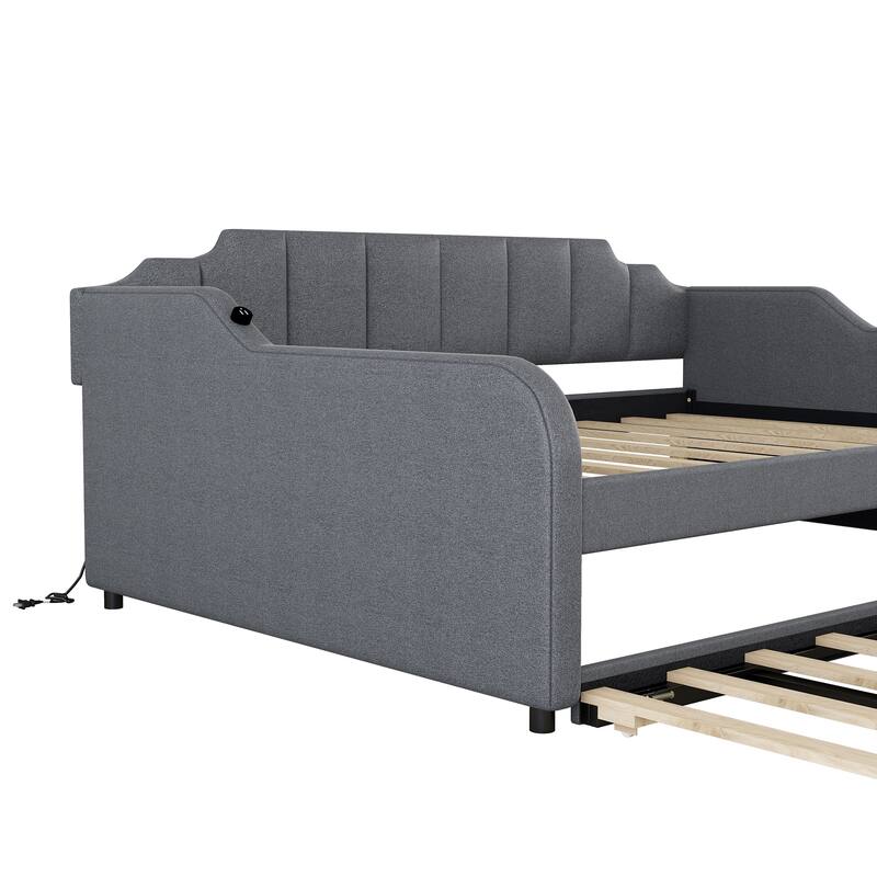 Roomfitters Full Upholstered Daybed with Convertible Trundle and USB Charging Station for Compact Living, Gray