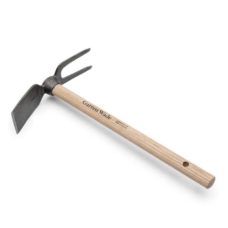 Kings County Tools 18-inch Double-Sided 2-Prong Cultivator and Hoe Garden Tool - Silver and Natural Wood