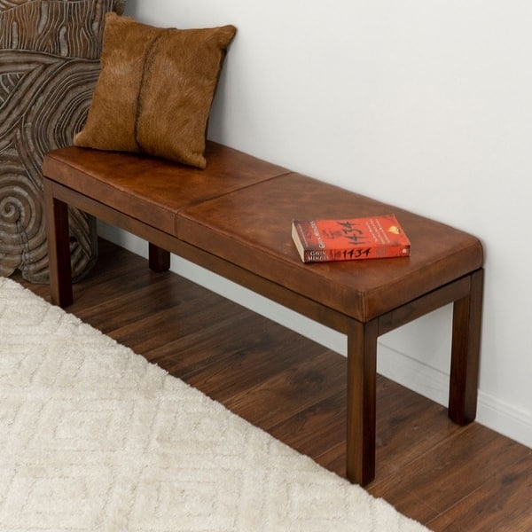 slide 2 of 6, Kara Mid-Century Stitched Genuine Leather Upholstered Bench in Antique Tan Antique Tan