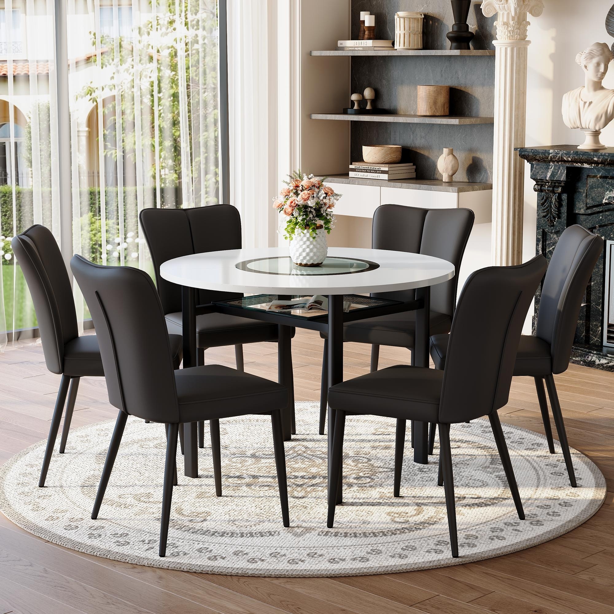 42 Inch Round Dining Table Set for 6, 7-Piece Kitchen Dining Table Set with Lower Storage Shelf, 6 Faux Leather Chairs